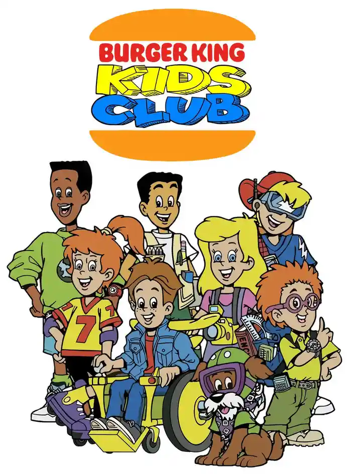 A promotional image for Burger King's Kids Club features a group of seven smiling, cartoon-style children and a dog, all…