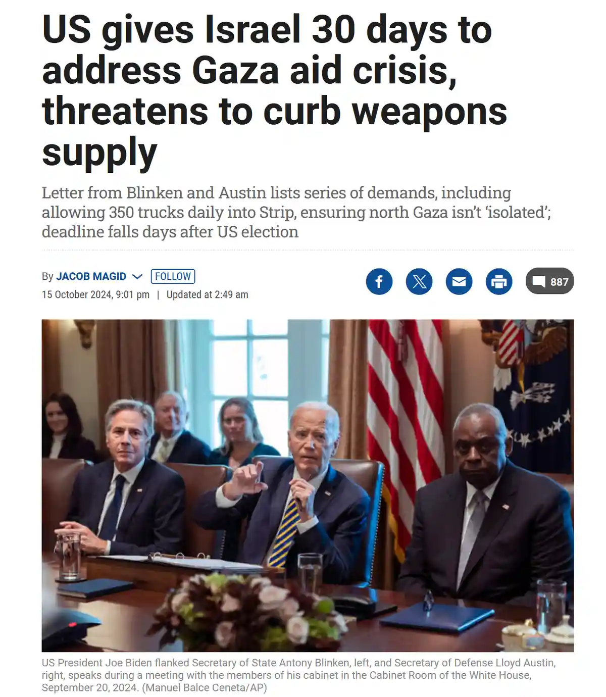 A screenshot of a news article with a photo of US President Joe Biden seated at a table flanked by Secretary of State Antony…