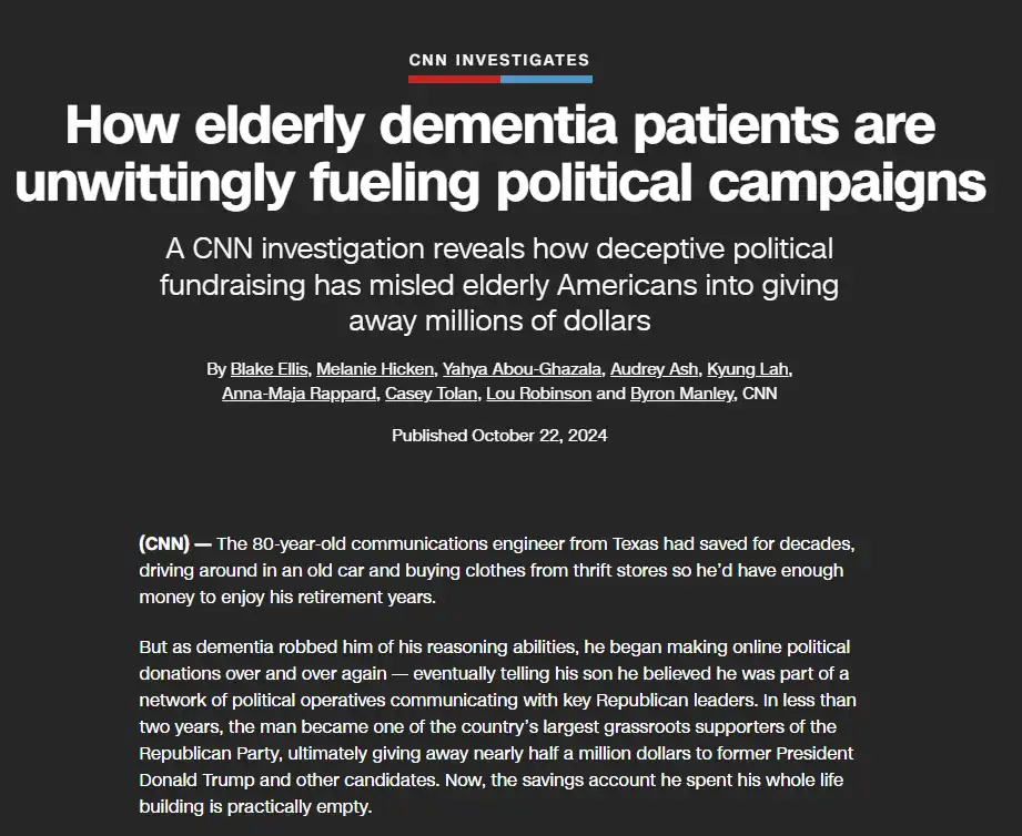 A screenshot of a CNN Investigates article titled 'How elderly dementia patients are unwittingly fueling political…