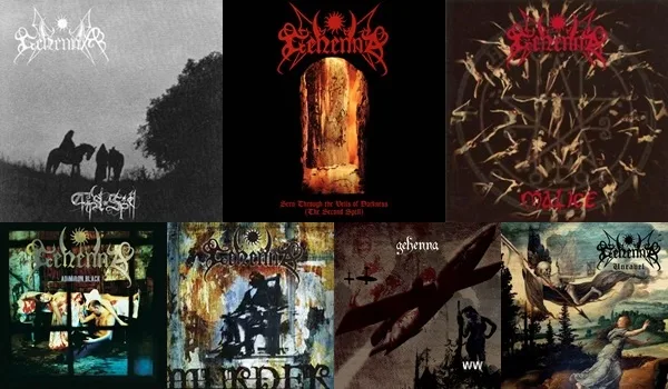 This image displays seven album covers from the black metal band Celerity, arranged in a grid. Each cover features the…