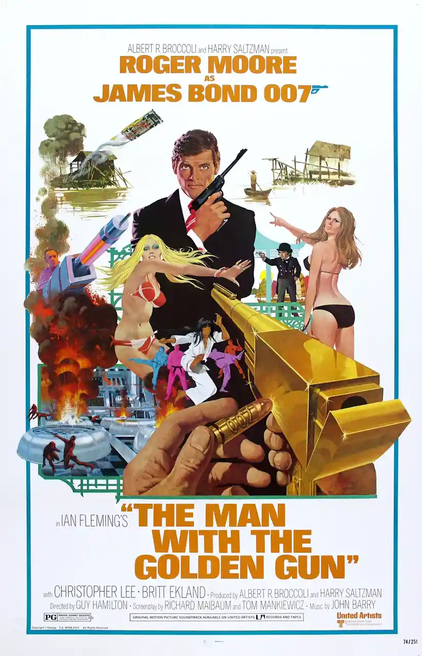 This is a vintage movie poster for 'The Man with the Golden Gun,' featuring Roger Moore as James Bond 007 holding a golden…
