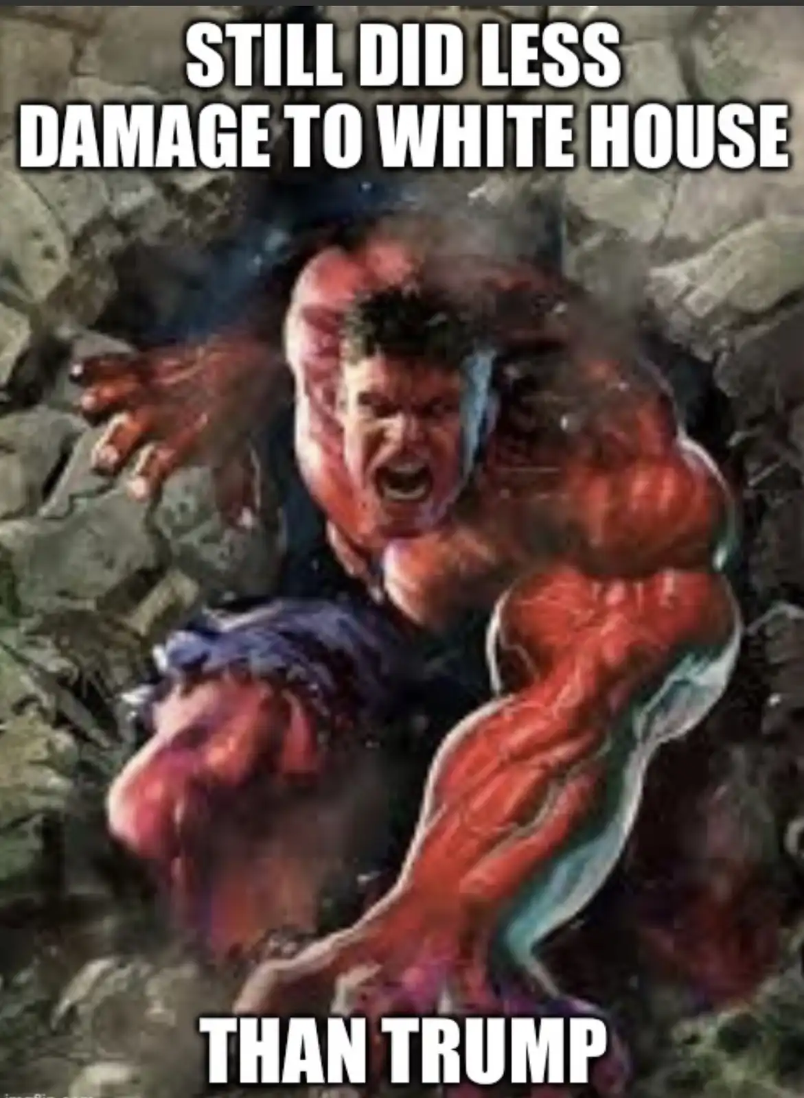 The image shows the superhero Hulk breaking through a stone wall, his face contorted in rage with his fists clenched. The…