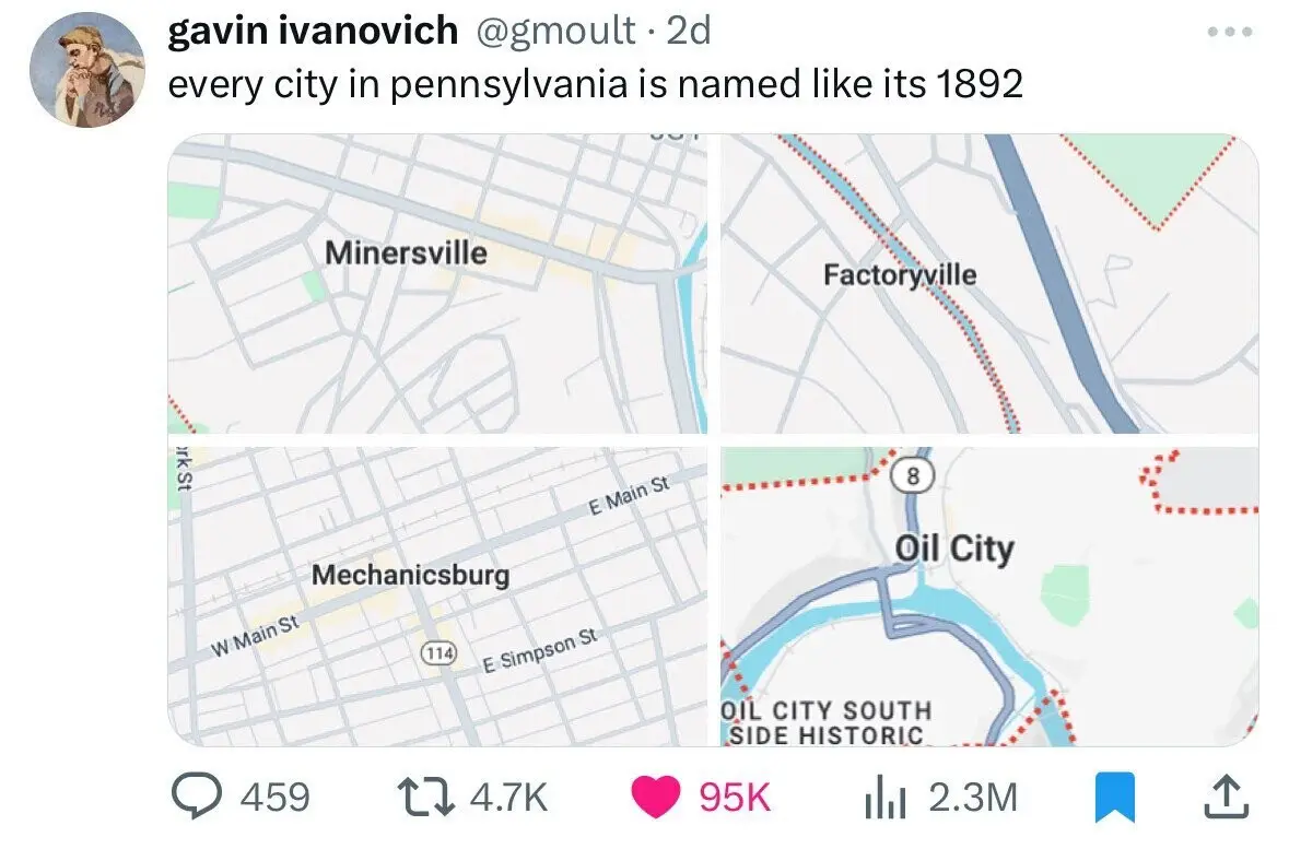 The image displays four map screenshots of Pennsylvania cities: Minersville, Factoryville, Mechanicsburg, and Oil City. Each…