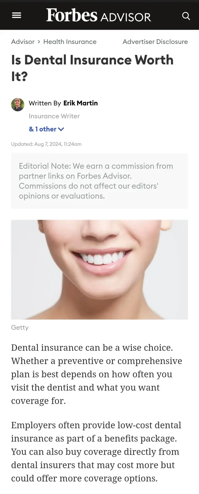 A screenshot of a Forbes Advisor article titled 'Is Dental Insurance Worth It?' by Erik Martin, featuring a stock photo of a…