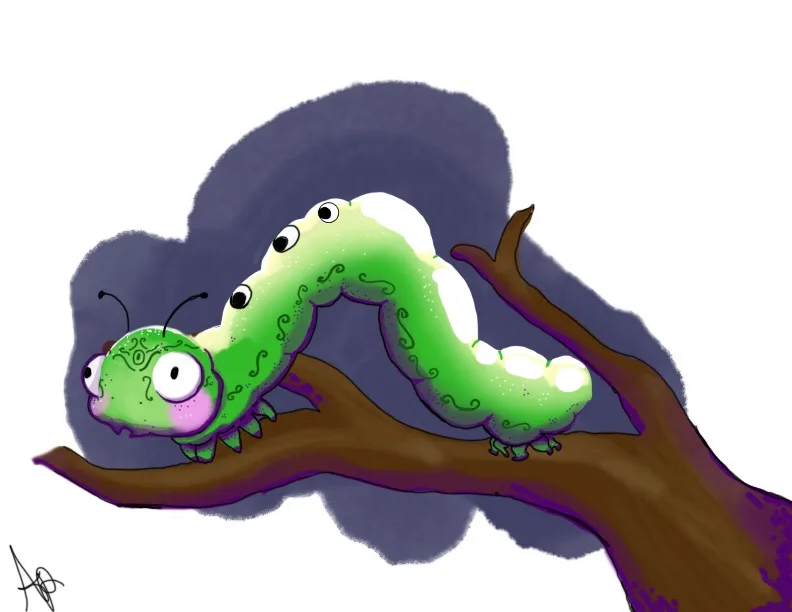 A cartoonish green caterpillar with multiple large, bulging eyes is crawling on a brown tree branch. The caterpillar has a…