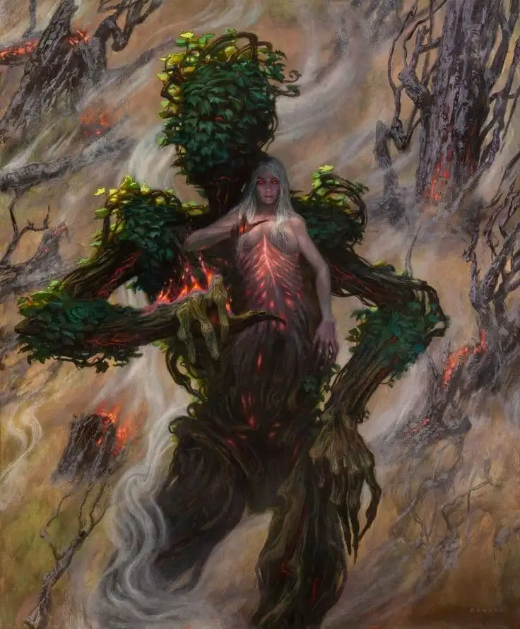 A humanoid figure with glowing red eyes and long white hair, partially fused with gnarled tree branches and green foliage…