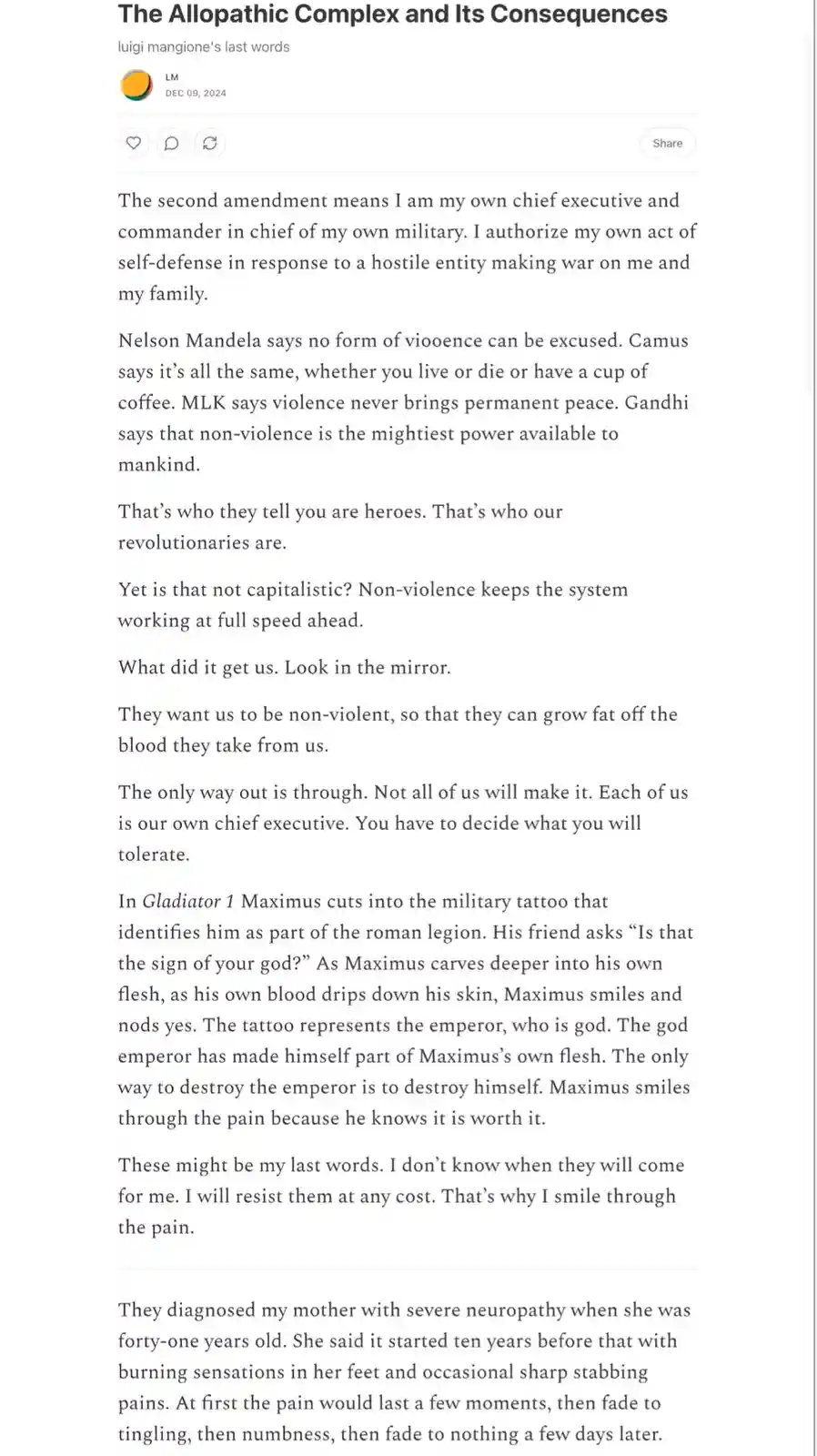 A screenshot of a text post titled 'The Allopathic Complex and Its Consequences' attributed to 'luigi mangione's last…