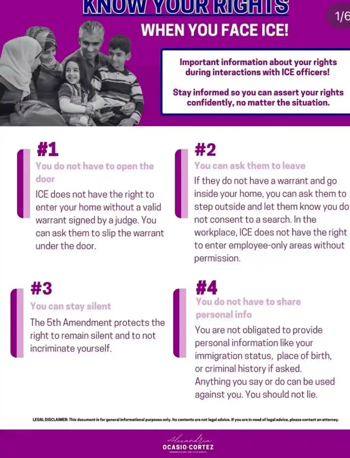 An infographic titled 'KNOW YOUR RIGHTS WHEN YOU FACE ICE!' features a black-and-white photo of a smiling family. It lists…