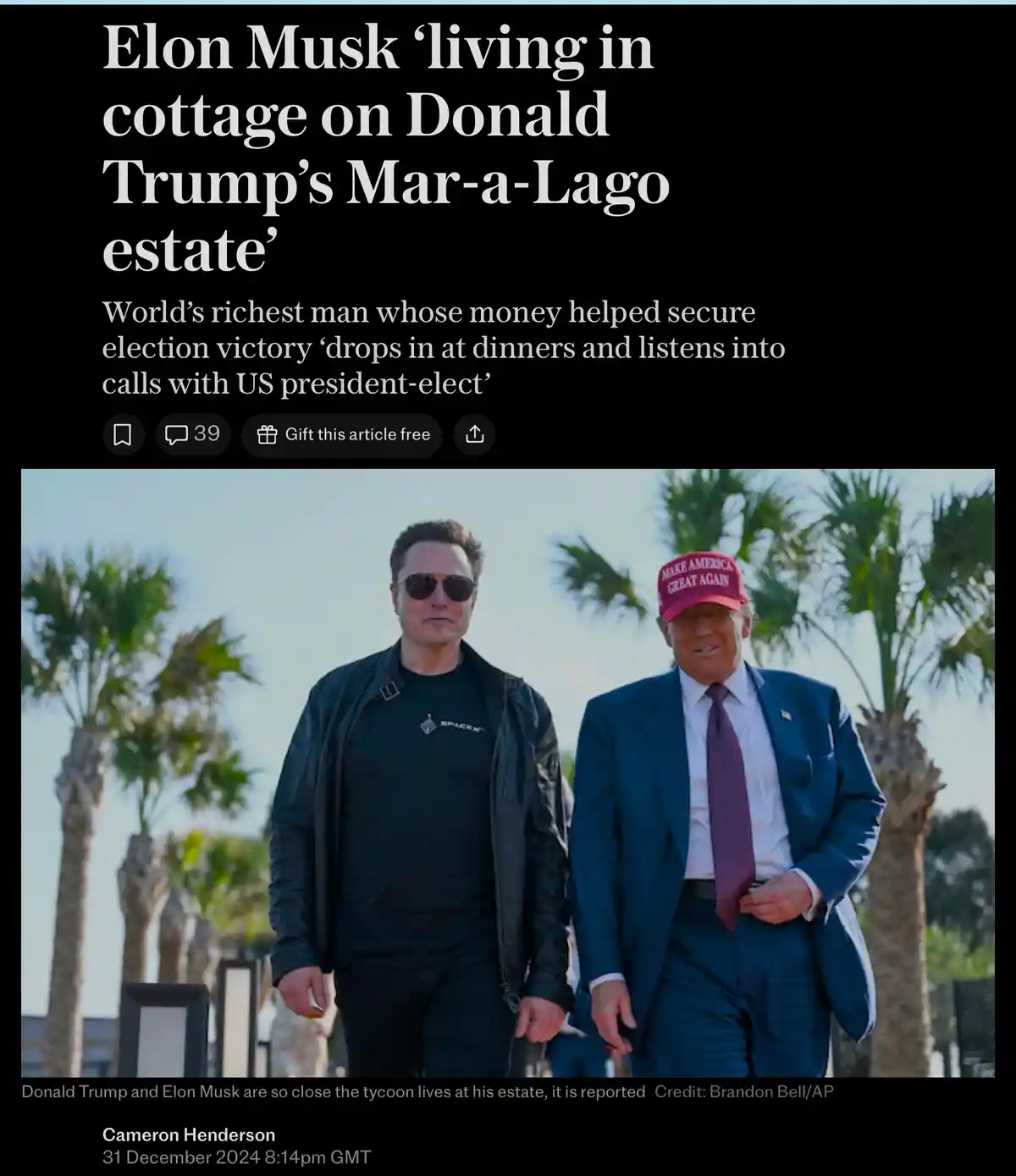 The image displays a news article headline claiming Elon Musk lives in a cottage on Donald Trump's Mar-a-Lago estate, with a…