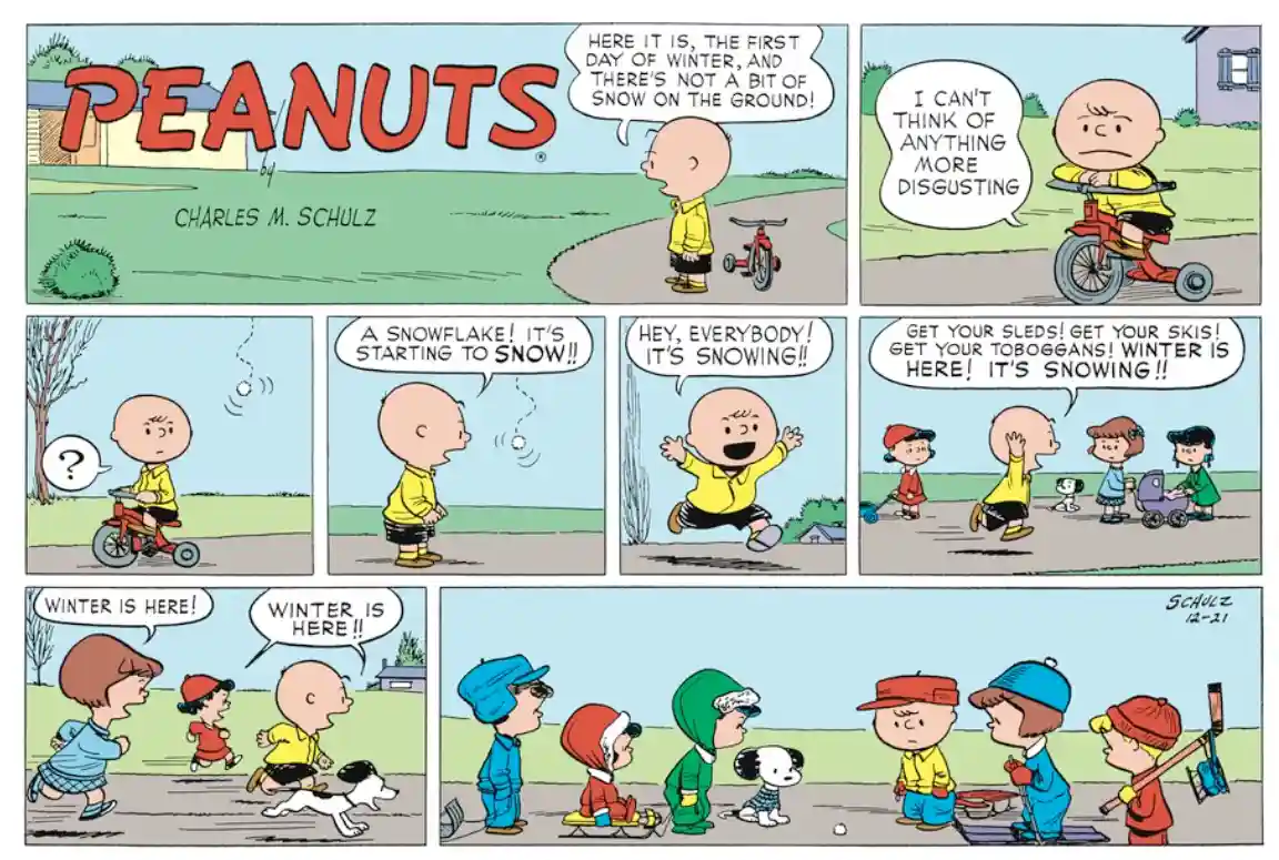 A Peanuts comic strip by Charles M. Schulz shows Charlie Brown on a tricycle initially complaining about the lack of snow on…
