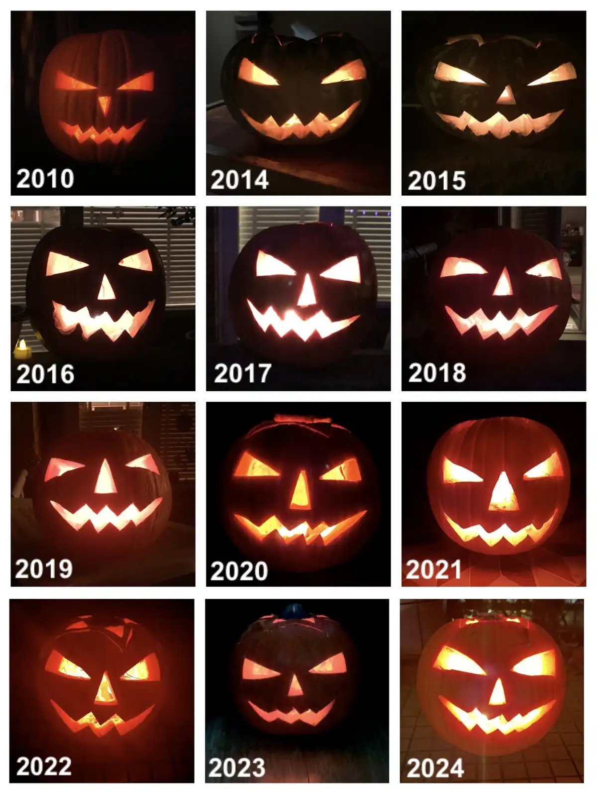 A 12-panel grid shows a carved jack-o'-lantern for each year from 2010 to 2024, with each pumpkin's facial expression…