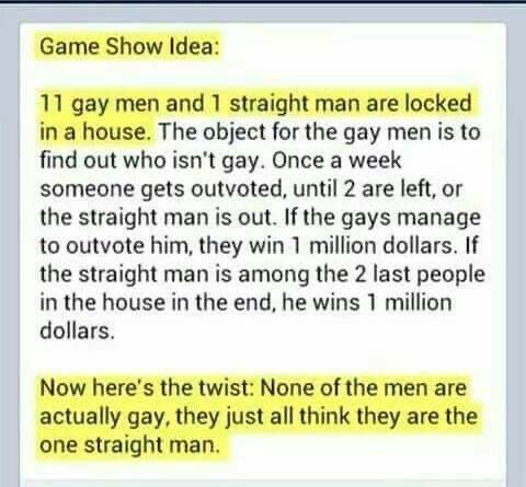 A text-based meme presents a fictional game show premise where 11 gay men and 1 straight man are locked in a house to find…