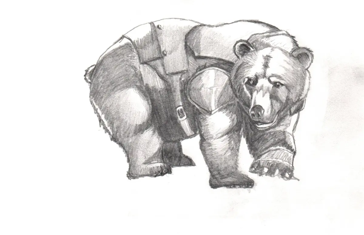 A pencil sketch of a bear wearing full medieval-style plate armor, including a breastplate, pauldrons, gauntlets, and…