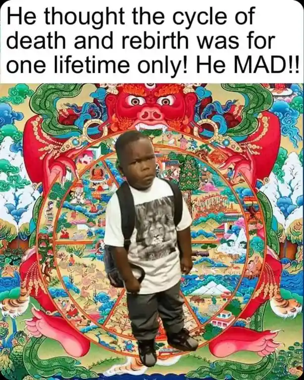 A young Black boy with a backpack stands in the center of a colorful, intricate Buddhist mandala depicting the cycle of…