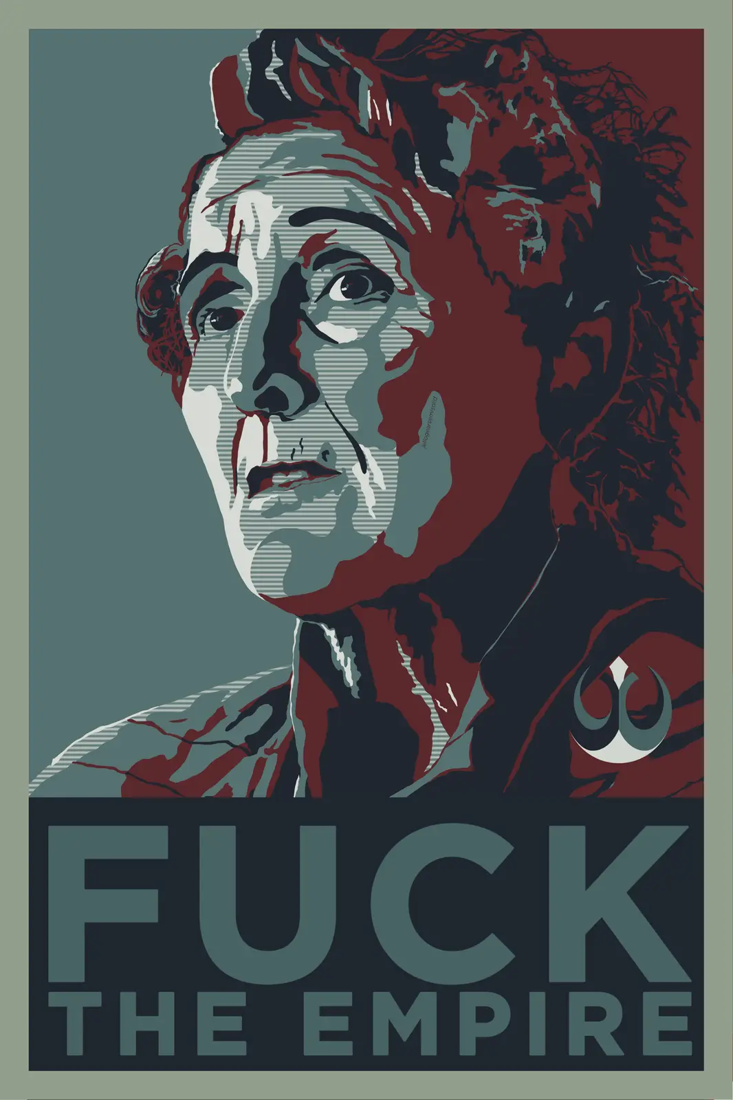 A stylized, graphic poster features a distressed-looking man with blood dripping from his face and a Rebel Alliance insignia…