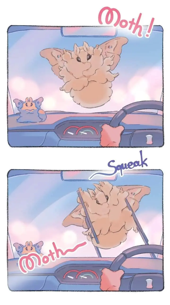 Two panels show a cartoonish, fluffy moth-like creature with large wings flying toward a car's windshield. In the top panel…