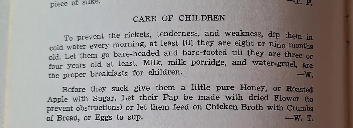 A close-up of a vintage typewritten page titled 'CARE OF CHILDREN' containing absurd historical advice, such as dipping…