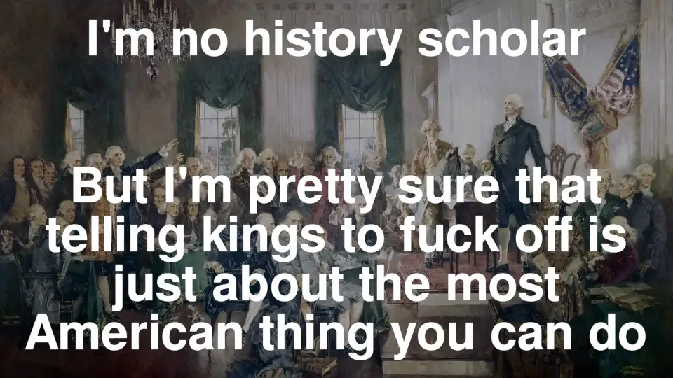 A historical painting depicts a group of American Founding Fathers in a formal room, with George Washington standing…