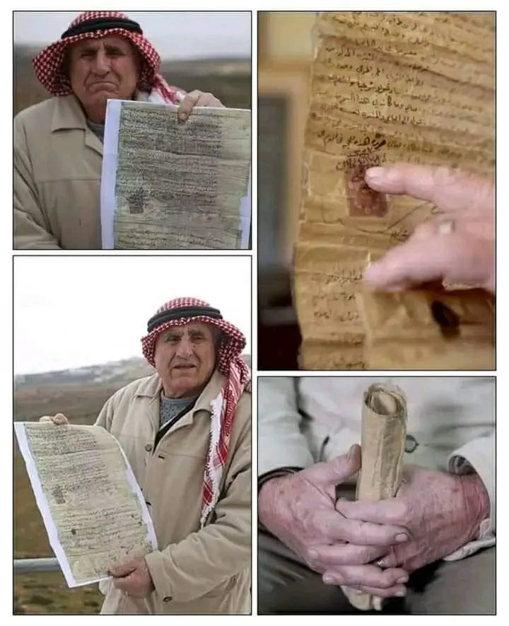 a four-panel image collage shows an elderly man in a red-and-white checkered keffiyeh holding an old, handwritten document…