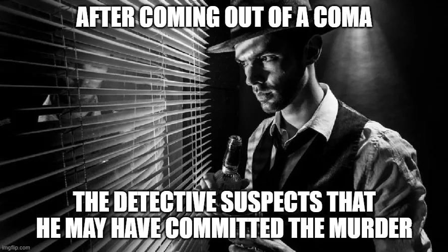 A black-and-white image shows a man in a fedora and vest holding a bottle, looking intensely through blinds. The text…