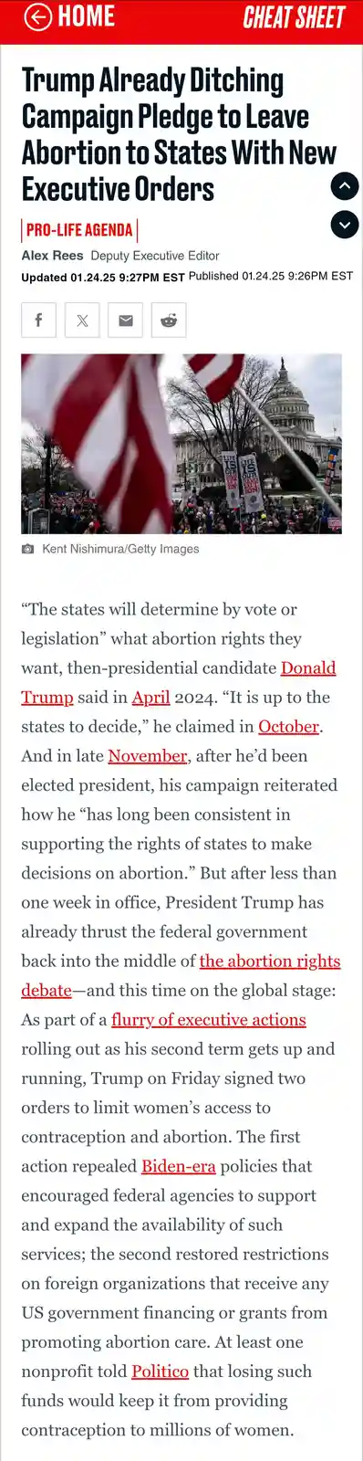 A screenshot of a news article from Politico titled 'Trump Already Ditching Campaign Pledge to Leave Abortion to States With…