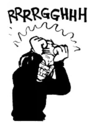 A black-and-white cartoon drawing shows a person with a distressed expression, hands pressed over their ears, with jagged…