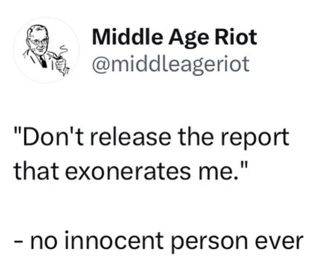 The image shows a mock Twitter post from a user named 'Middle Age Riot' with a profile picture of a man in a suit smoking a…