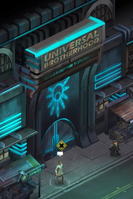 A stylized isometric city scene shows a man in a trench coat walking past a large, futuristic building with a glowing neon…