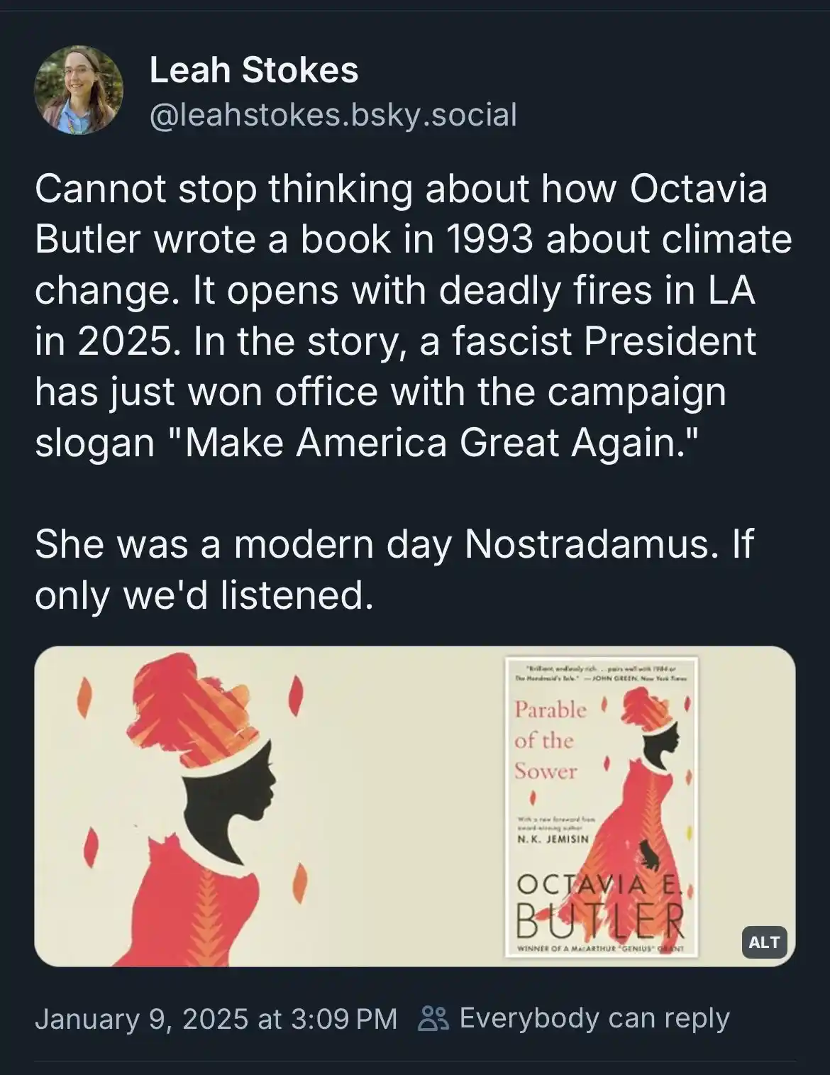 A social media post by Leah Stokes highlights Octavia Butler's 1993 novel 'Parable of the Sower,' noting its prescient…