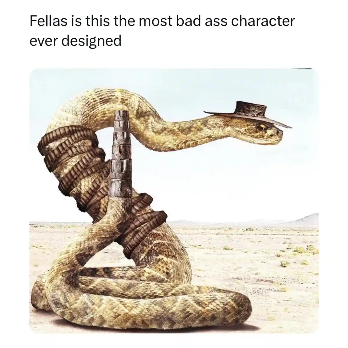 A digitally altered image shows a large rattlesnake in a desert setting, wearing a cowboy hat and holding a large, ornate…