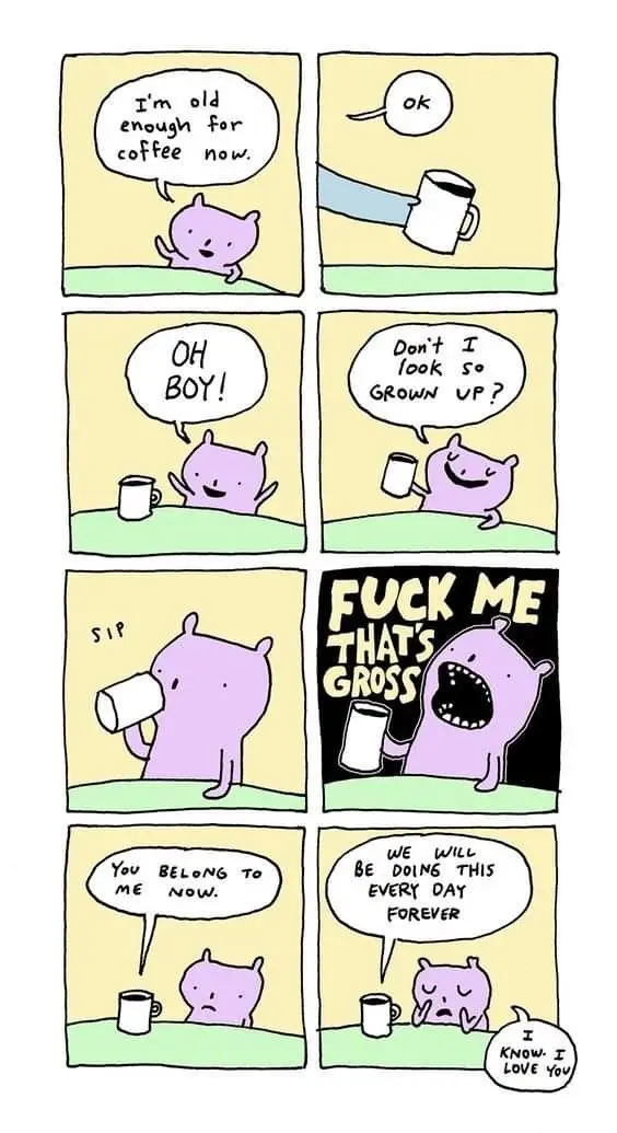 A six-panel comic strip featuring a purple cartoon creature. In the first panel, the creature declares it's old enough for…