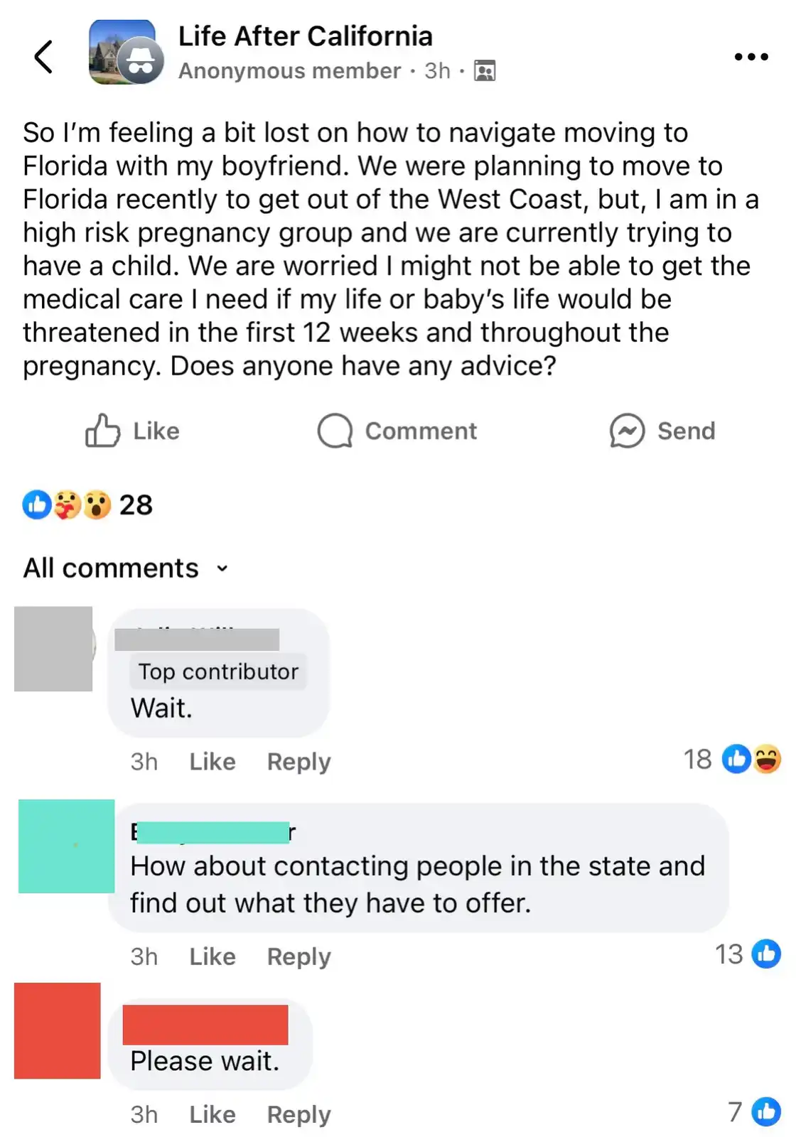 A screenshot of a Facebook group post where a user asks for advice on moving to Florida due to high-risk pregnancy concerns…
