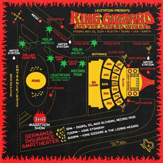 A detailed, stylized map of the Levitation festival grounds for King Gizzard & The Lizard Wizard's 2024 show in Austin…