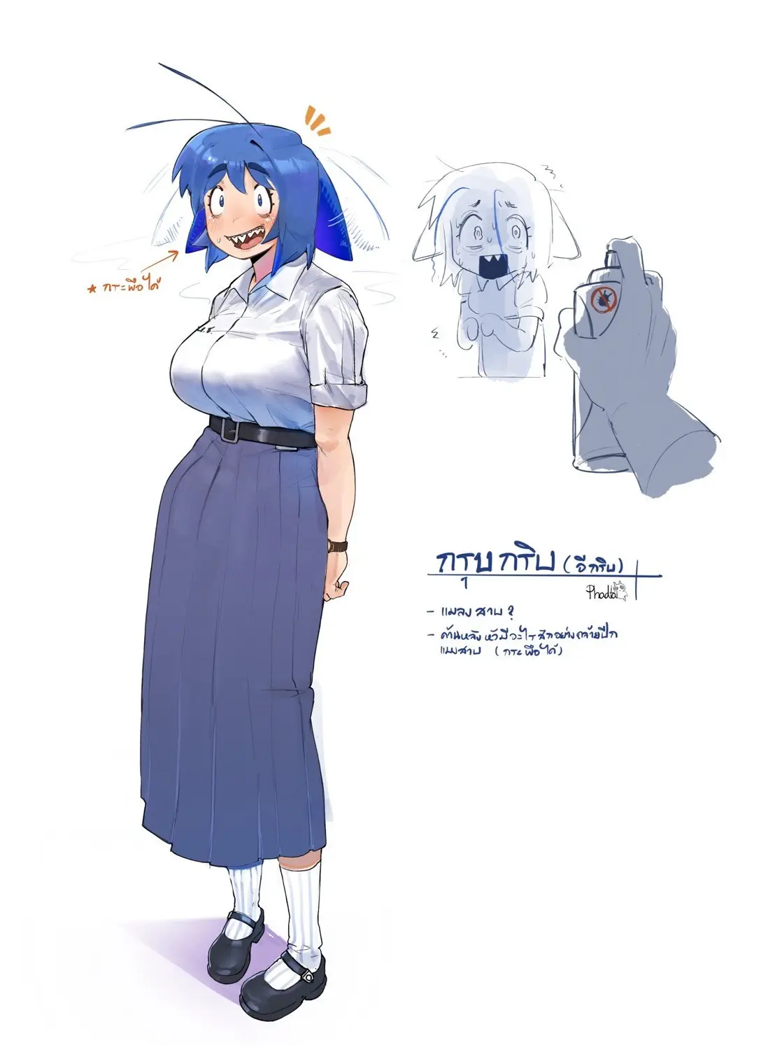 A character design sheet shows a blue-haired anime girl in a school uniform with an exaggeratedly wide grin and antennae…