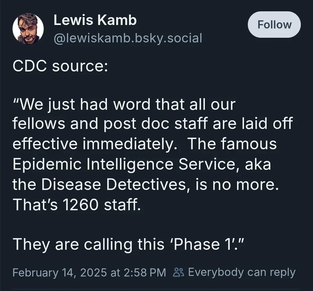 A screenshot of a social media post by Lewis Kamb, showing a fictional 'CDC source' quote about laying off 1260 staff from…