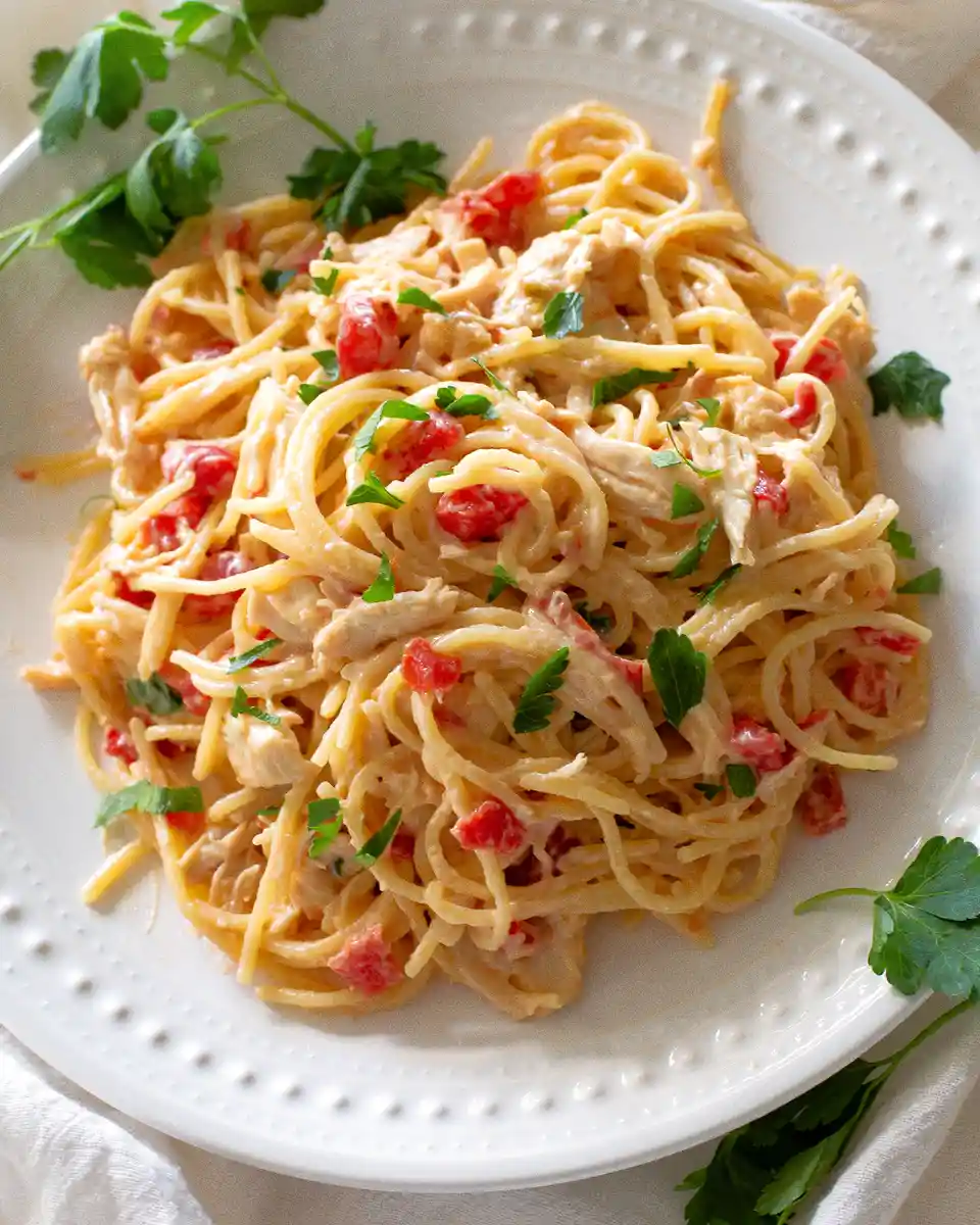 A close-up photo of a white plate piled high with creamy pasta, featuring shredded chicken, diced red tomatoes, and chopped…