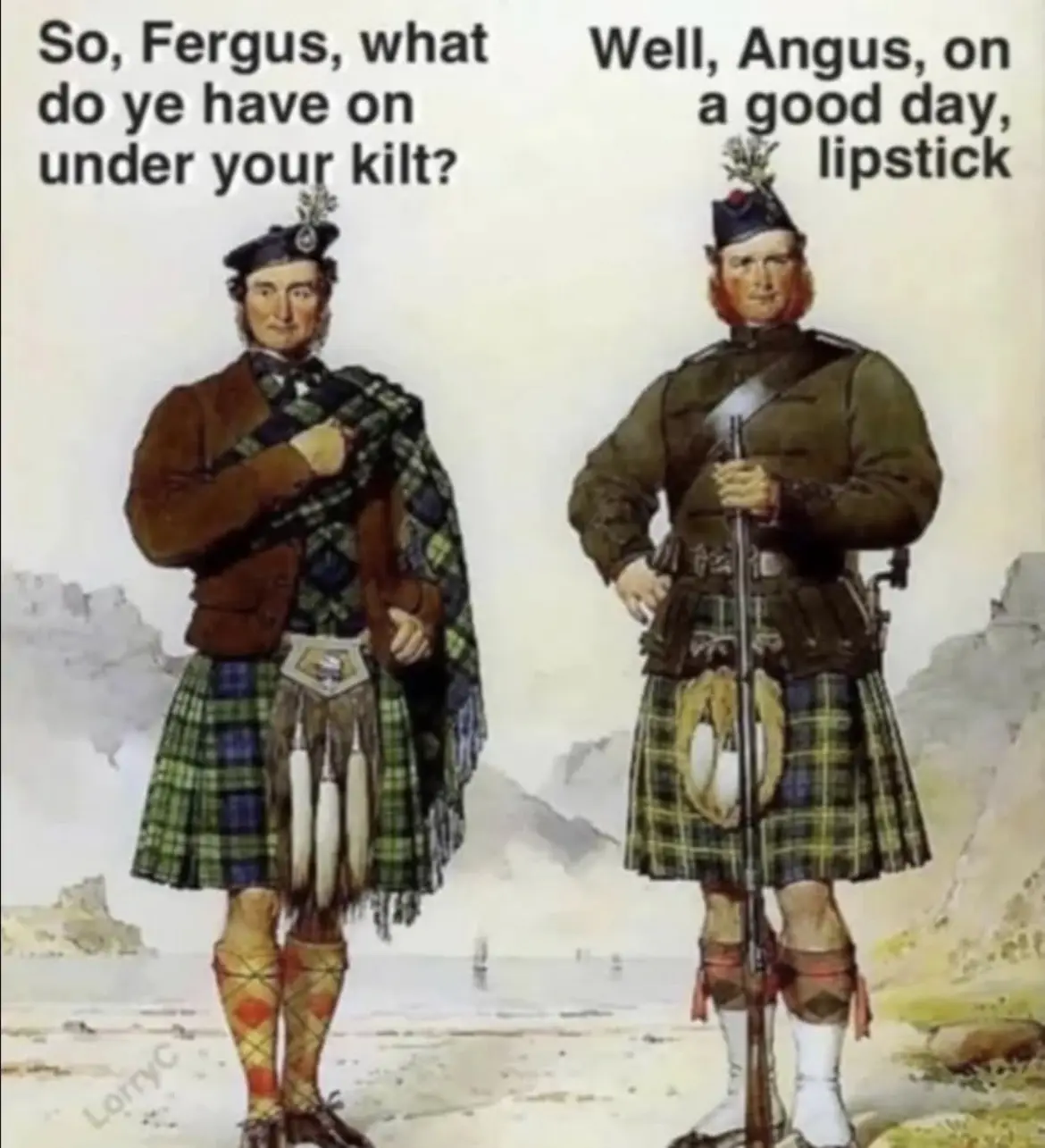 Two men in traditional Scottish kilts and Highland attire stand side by side against a coastal backdrop. The man on the left…