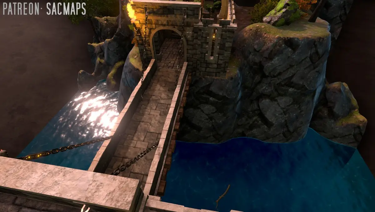 A screenshot from a video game showing a stone bridge with chains leading to a castle entrance, flanked by cliffs and water…