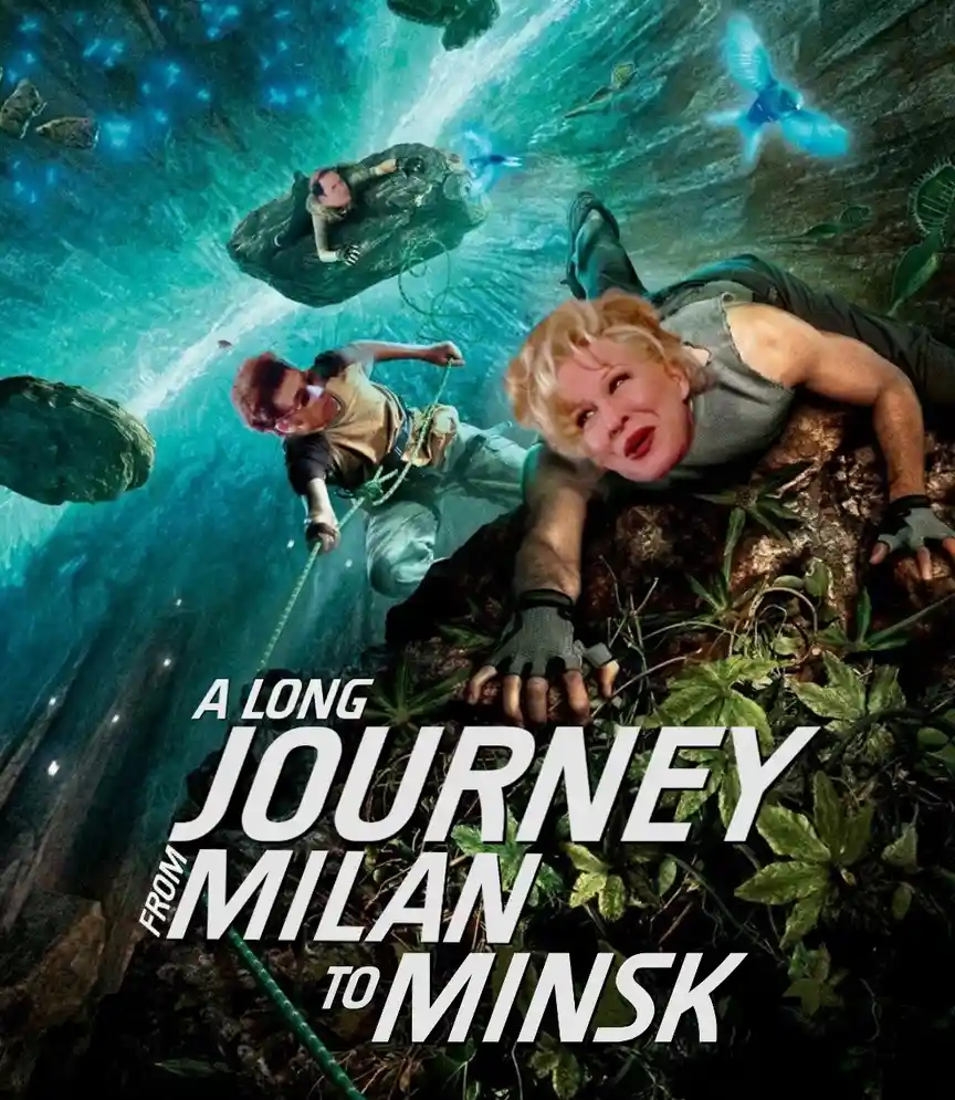 The image is a movie poster parody featuring characters from 'The Long Journey from Milan to Minsk' with a woman's face…
