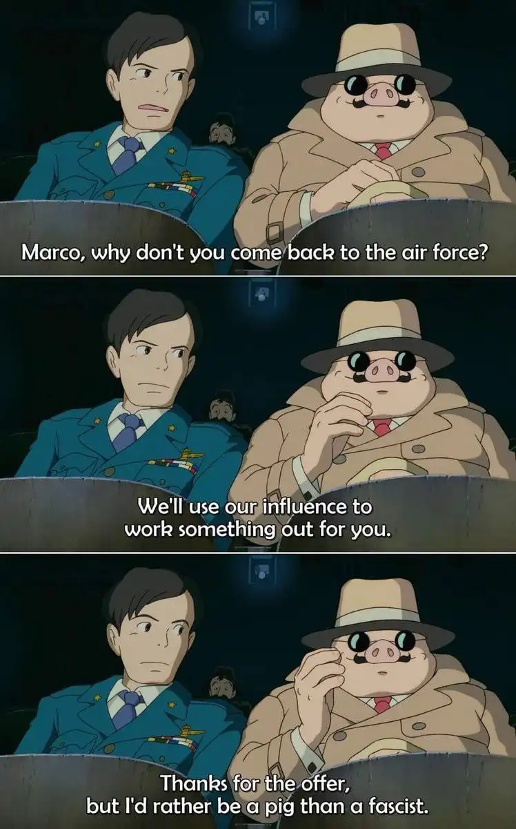 Three panels from the animated film 'Porco Rosso' show a man in a blue military uniform and a pig-faced man in a trench…