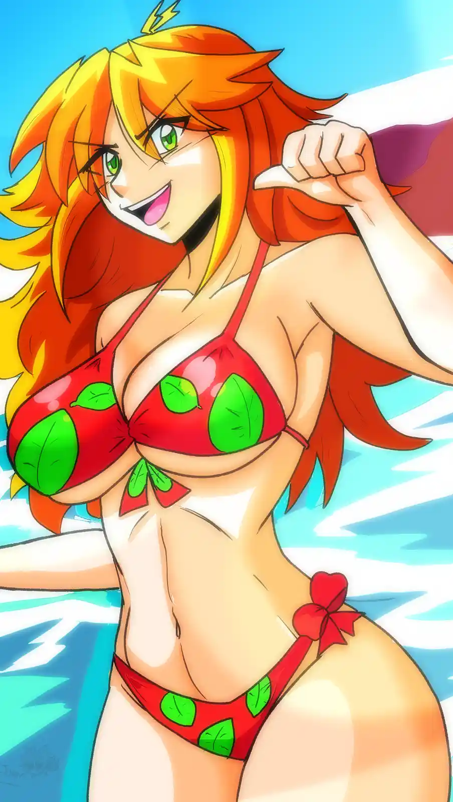 An anime-style illustration of a woman with fiery orange hair and green eyes, wearing a red bikini adorned with green…