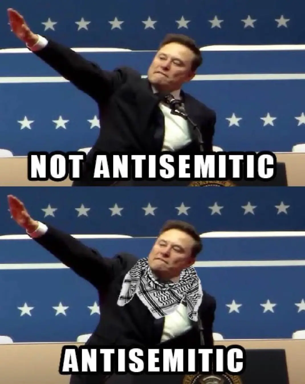The image shows Elon Musk at a podium with a blue starry backdrop. In the top panel, he raises his arm with the text 'NOT…