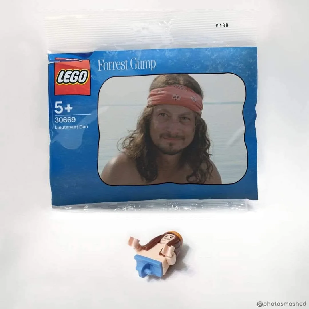 A LEGO minifigure package labeled 'Forrest Gump' featuring a photo of Lieutenant Dan from the movie, with the actual small…