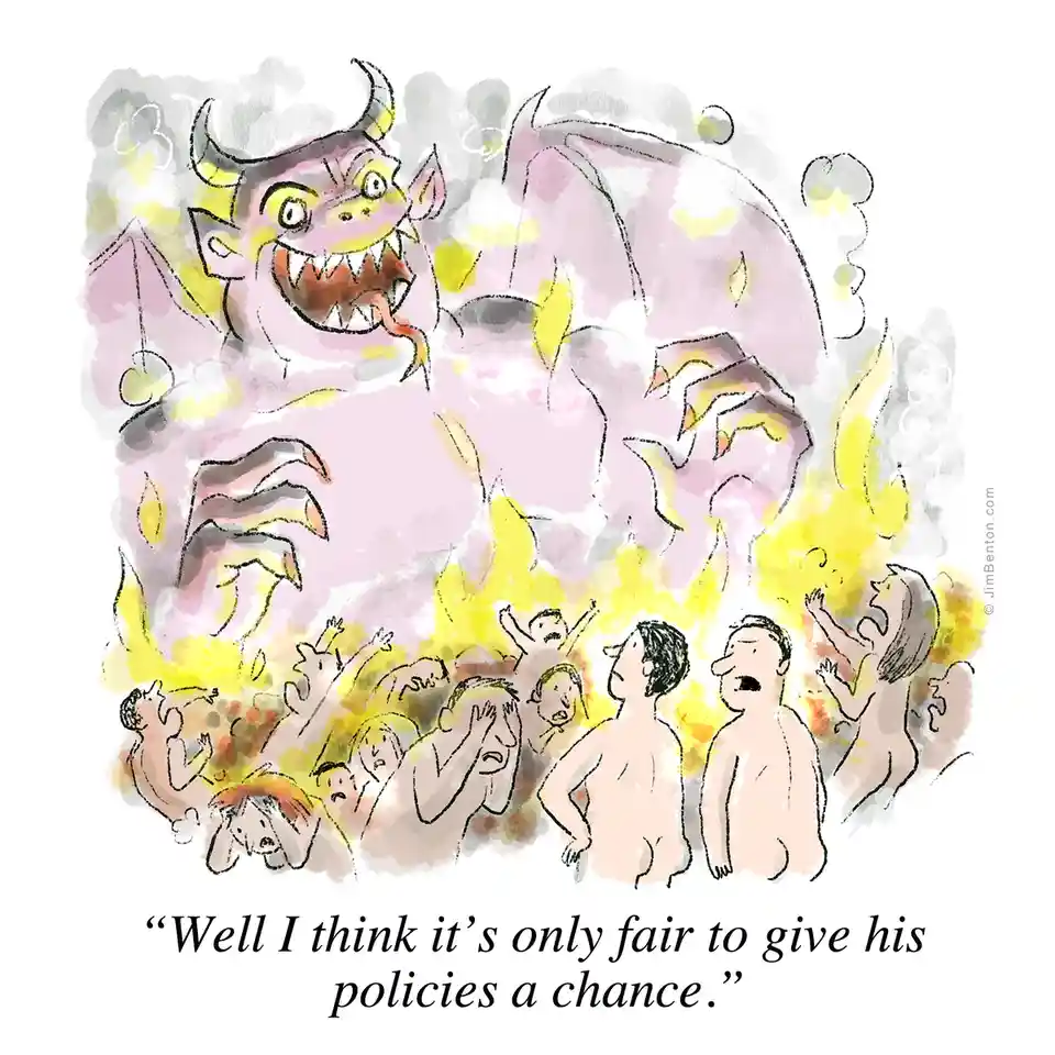 A cartoon depicts a large, angry pink demon with horns and wings looming over a crowd of terrified, naked people engulfed in…