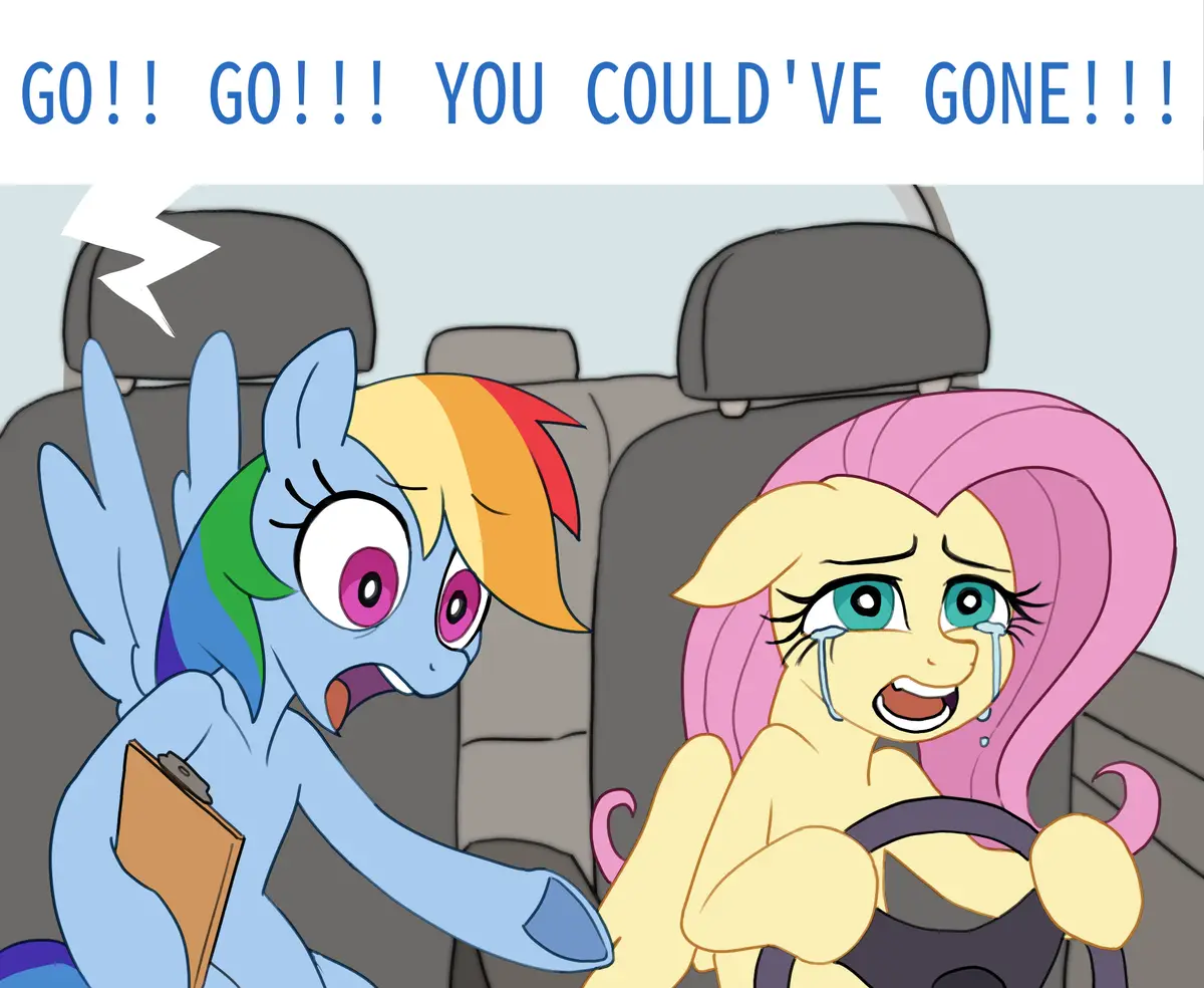 Two cartoon ponies are in a car; the driver, a yellow pony with pink hair, is crying while holding the steering wheel, and…