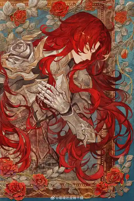 An anime-style illustration of a character with long, flowing red hair and closed eyes, wearing ornate armor and clasping…