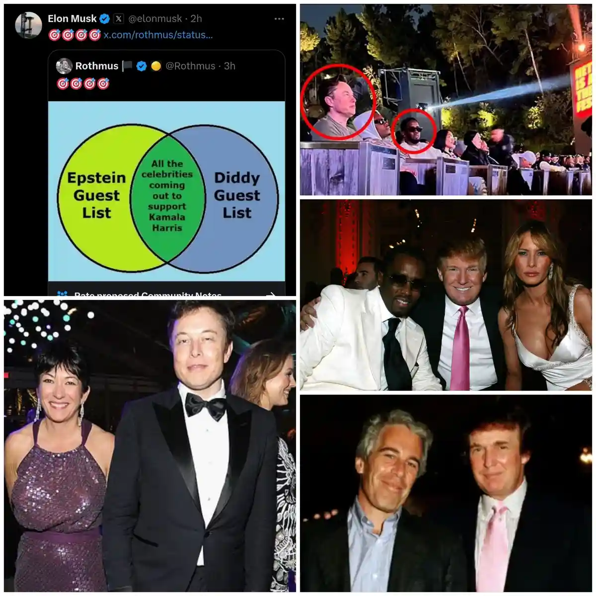 This meme collage features a Venn diagram showing the overlap between 'Epstein Guest List' and 'Diddy Guest List' as 'All…