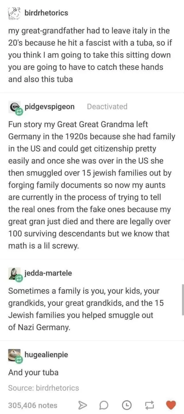 A screenshot of a Tumblr thread shows a user claiming their great-grandfather fled Italy in the 1920s after hitting a…