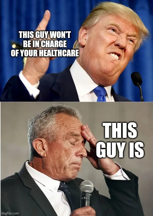 The top panel shows Donald Trump gesturing emphatically with a blue curtain behind him, overlaid with text saying 'THIS GUY…