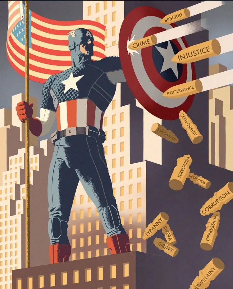 A stylized illustration of Captain America standing atop a building in a cityscape, holding an American flag in one hand and…